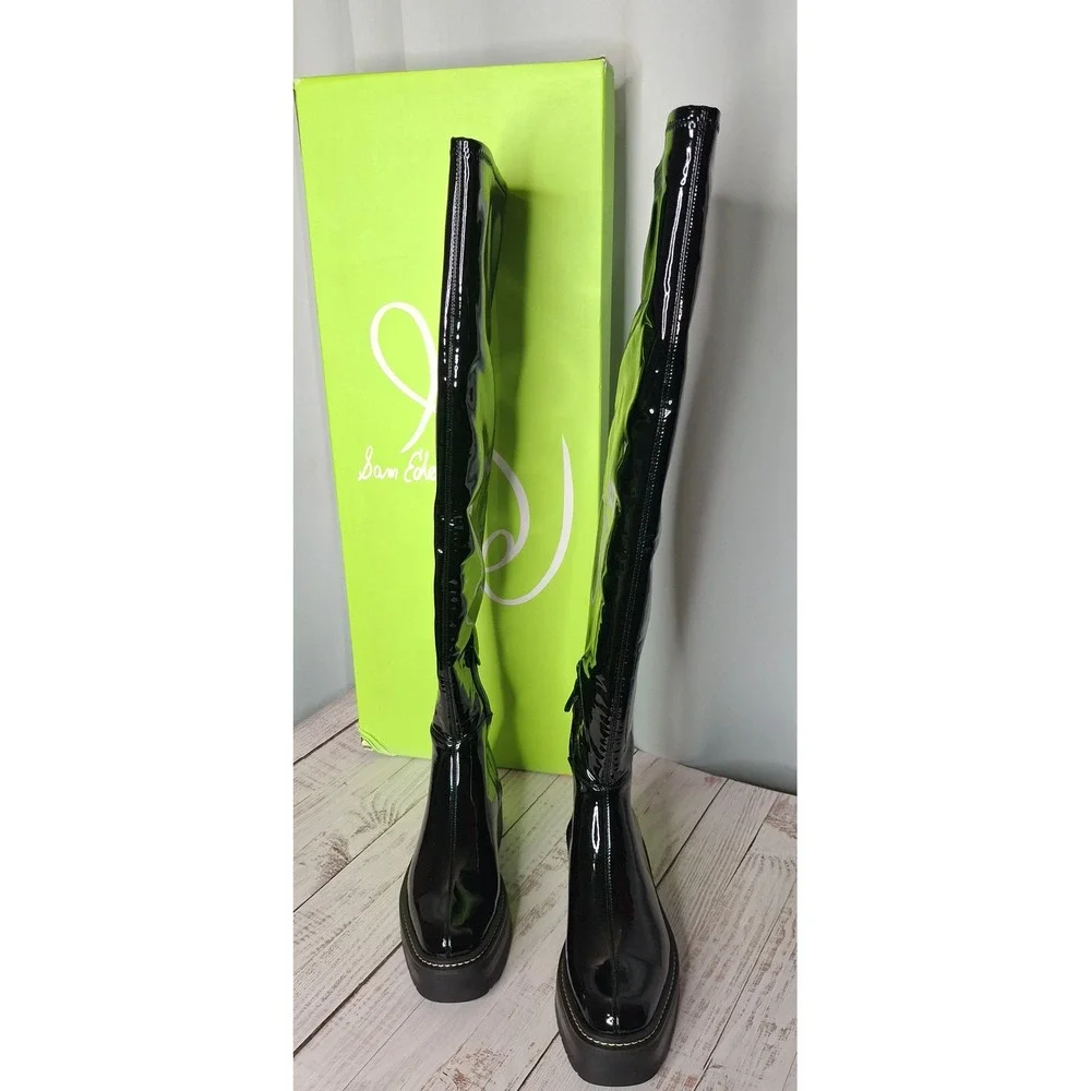 Sam Edelman Lydia Black Patent Over The Knee Lug Sole Boots I3399S1001  6.5M *